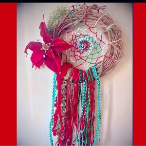 Handmade Christmas Wreath Dreamcatcher with Red and Green Accents